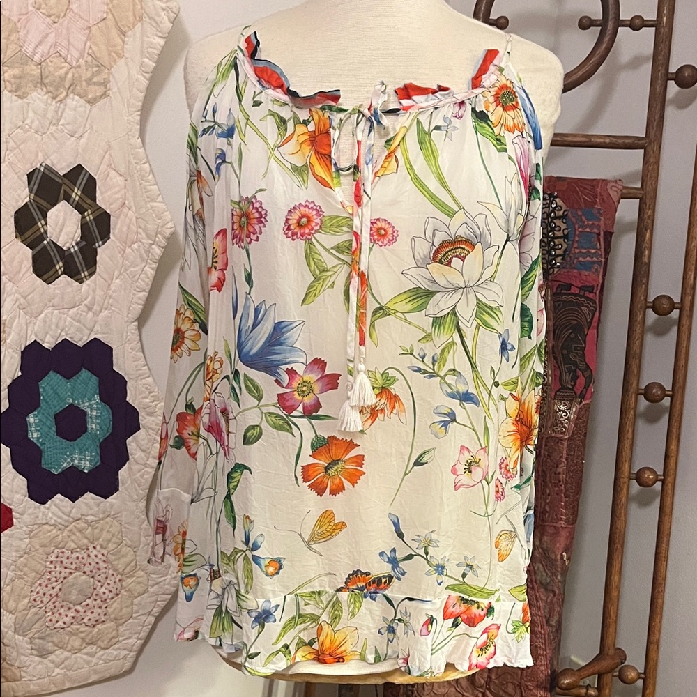 Johnny Was Multicolor Cold Shoulder Floral Blouse